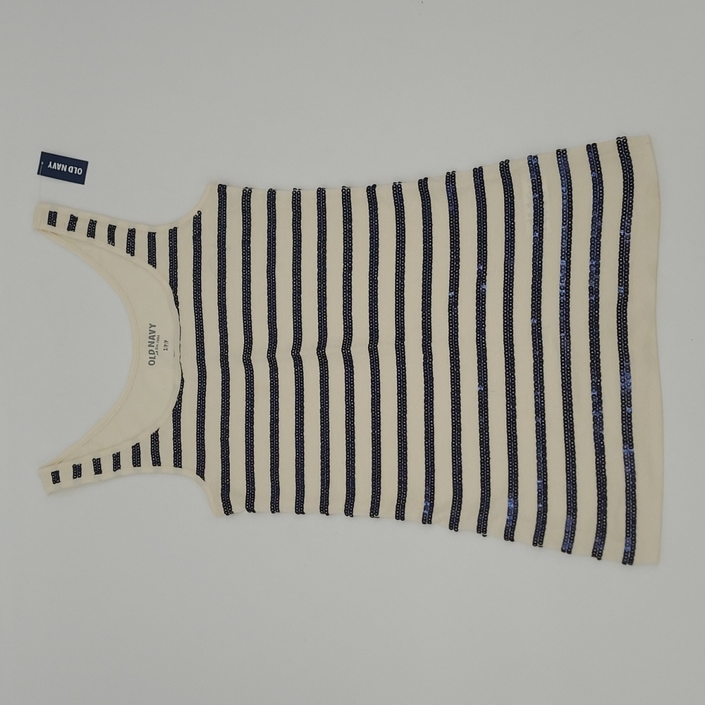 Old Navy Womens Sequin Striped Tank Top Cream‎ Navy Blue Scoop Neck Small NEW
